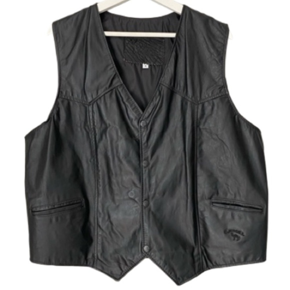 BRANDED GARMENTS Vintage Vest Black Leather w Camel Cigarettes Logo Biker Men XL